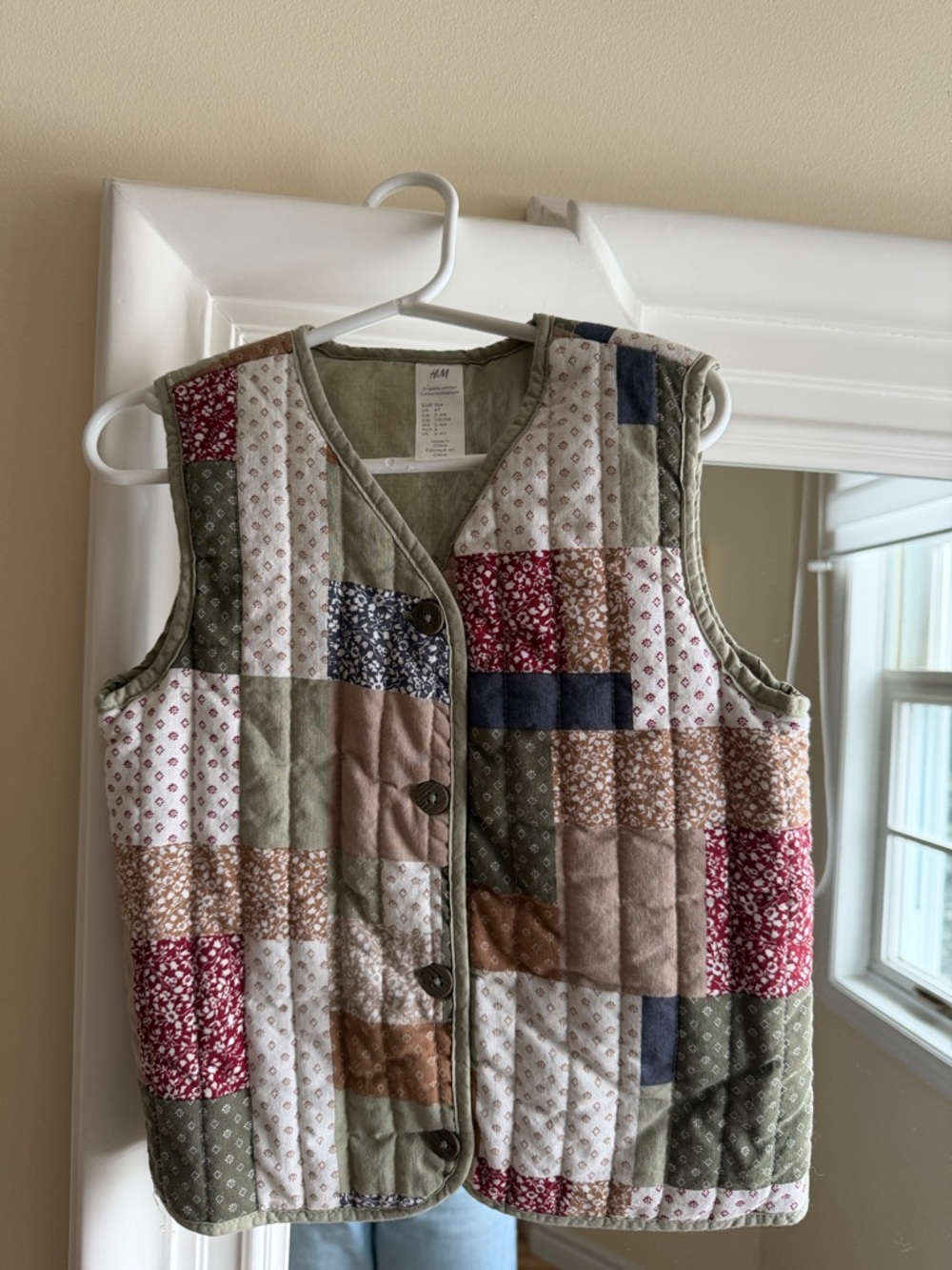 H&M Quilted Patchwork Vest in Olive, Rust, Navy & Cream